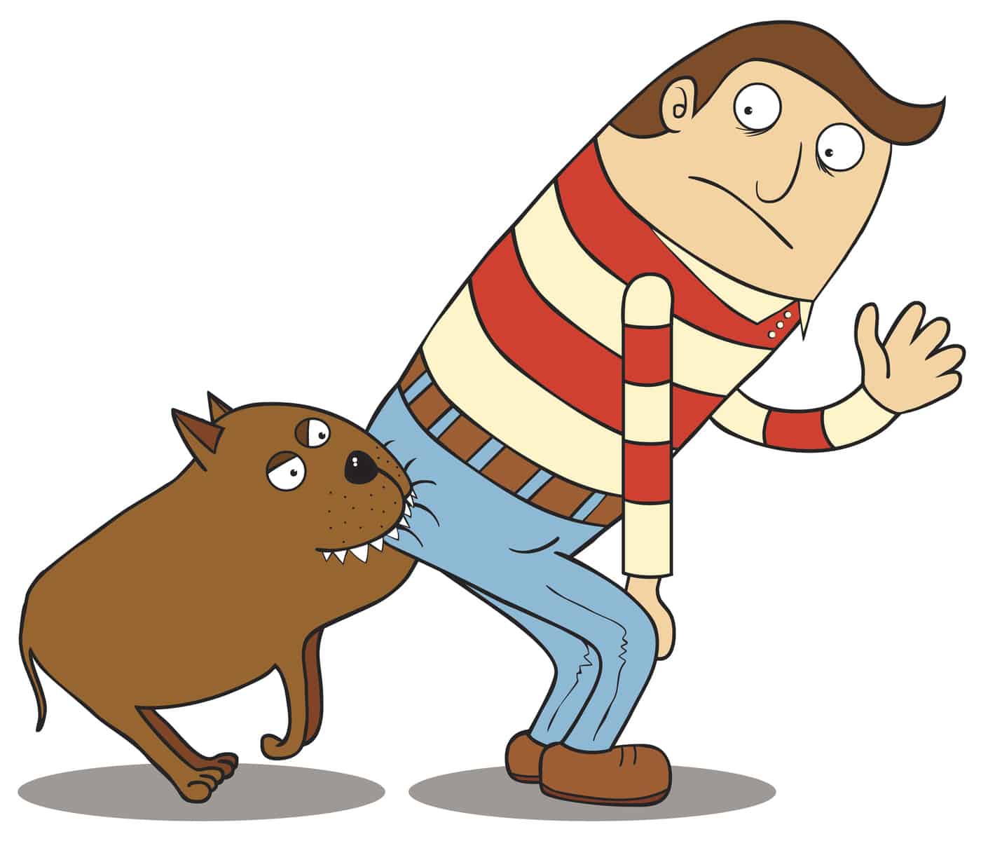 Cartoon of man bent over meanwhile his buttock bitten by dog.