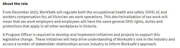 WorkSafe advertises for a sex work Project Officer