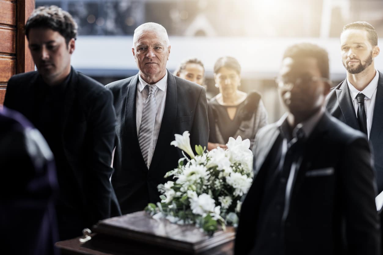 Sad Funeral And People With Coffin At Church For Service Mourning And Sad Funeral And People With Coffin At Church For Service Mourning And